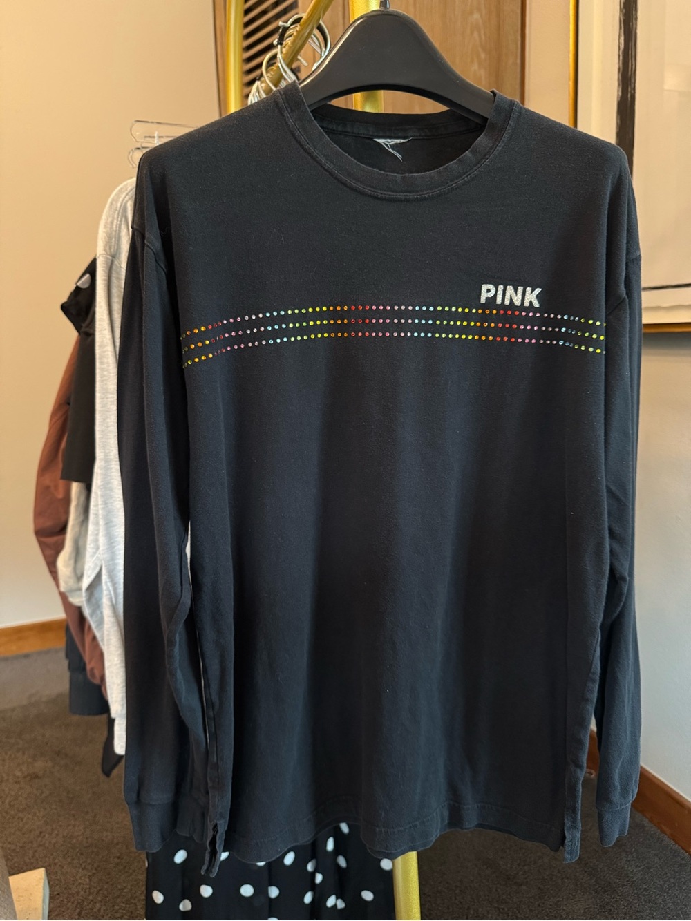 PINK Victoria's Secret Black Long-Sleeve Crewneck with Rainbow Dot Stripe